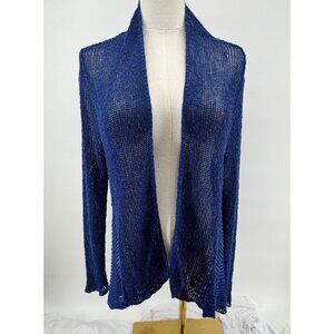 Eileen Fisher Open Knit Cardigan Sweater Blue Long Sleeve Lightweight L Large